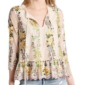 NWOT Cupcakes & Cashmere Almeta Sheer Floral Embroidered Blouse – Size L